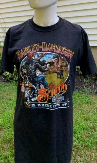 VTG 1990 3D Emblem Harley Davidson Mens L T - Shirt THE SOUTH NC FLAWLESS Moto 2