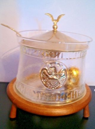 RARE Vintage AMERICANA Gold Trmmed Glass Soup Tureen w/ Ladle & Warmer 4