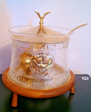 RARE Vintage AMERICANA Gold Trmmed Glass Soup Tureen w/ Ladle & Warmer 6