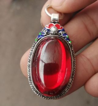 China Tibet - Silver Handwork Inlay Red Zircon Cloisonne Flower Tears Pendant