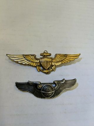 Wwii - World War Ii - Sterling Navy Aviator Winged /anchor Pins.  Gold Filled