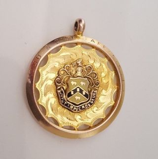 9ct Solid Gold And Enamel Fob Medal Birmingham Hallmarks /circa 1930/ 8.  16g
