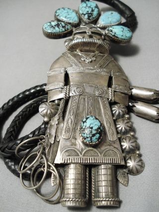 One Of Biggest Best Vintage Navajo Turquoise Sterling Silver Kachina Bolo Tie