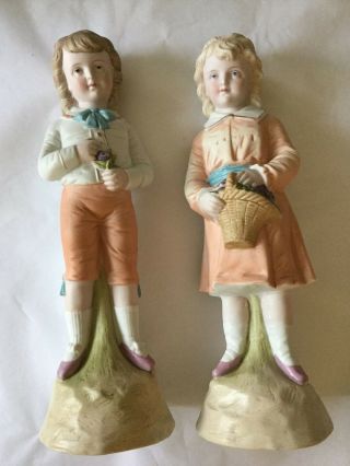 Antique Victorian Pastel Bisque Girl & Boy Figure 