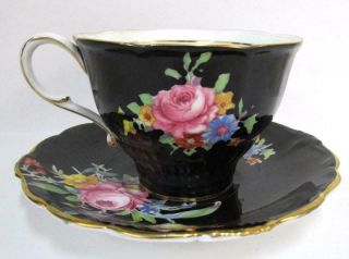 Black Paragon Queen Mary Fine China England Floral Pattern Teacup And Saucer Ss