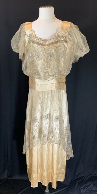 Antique 20s Beaded Flapper Dress,  Gold Metallic Embroidery And Sequins