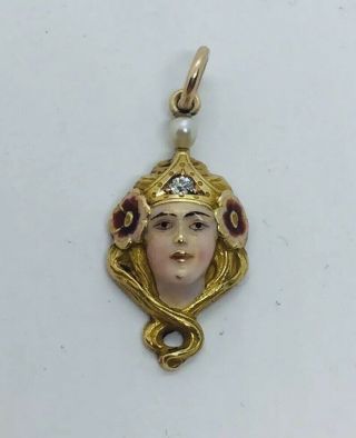 Antique Victorian 14k Yellow Gold Enamel Diamond Figural Lady Charm