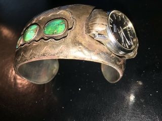 Vintage Navajo Indian Sterling Silver Turquoise Cuff Bracelet W/seiko Watch