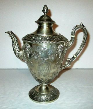 Antique European Silver Coffee Pot Repousse Teapot Victorian Engraved 1874