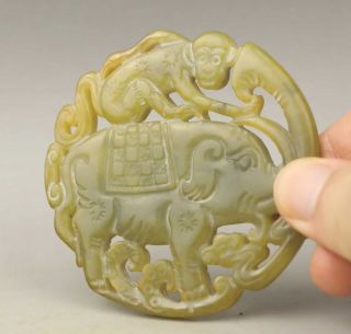 Chinese Old Natural Jade Hand - Carved Monkey And Elephant Pendant 2.  6 Inch