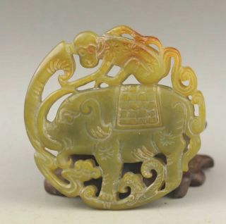 Chinese old natural jade hand - carved monkey and elephant pendant 2.  6 inch 2