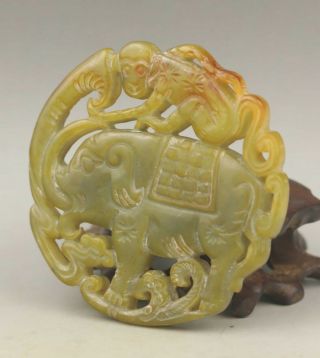 Chinese old natural jade hand - carved monkey and elephant pendant 2.  6 inch 3