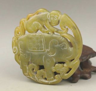 Chinese old natural jade hand - carved monkey and elephant pendant 2.  6 inch 4