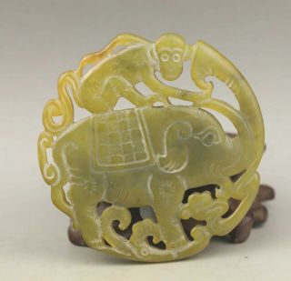 Chinese old natural jade hand - carved monkey and elephant pendant 2.  6 inch 5