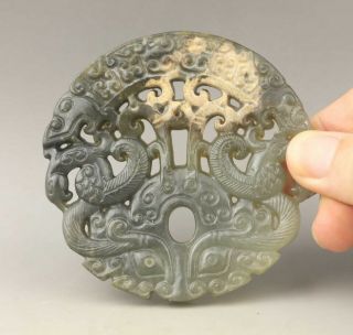 Chinese Old Natural Jade Hand - Carved Dragon Phenix Pendant 3.  1 Inch