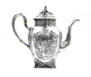 CHINESE EXPORT SILVER TEAPOT JAPANESE AESTHETIC KHECHEONG CANTON c1850 3