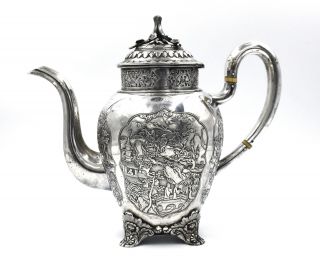 CHINESE EXPORT SILVER TEAPOT JAPANESE AESTHETIC KHECHEONG CANTON c1850 4