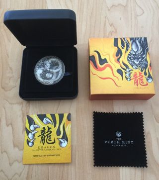 Dragon 5 Oz Silver Antiqued Antique Box Mintage 500 Perth Tuvalu 2018