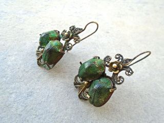 Antique Victorian Rare Natural Scarab Beetle Silver Gilt Filigree Drop Earrings