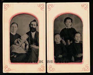 Antique Tintype Photos Parents & Post Mortem Child Sisters In Mourning Dress