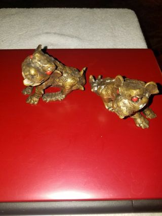 Chinese Brass Copper Animal Feng Shui Foo Dog Town House Statue Pair