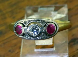 Vintage 14k Gold Platinum Art Deco Ruby Diamond Three Stone Filigree Ring