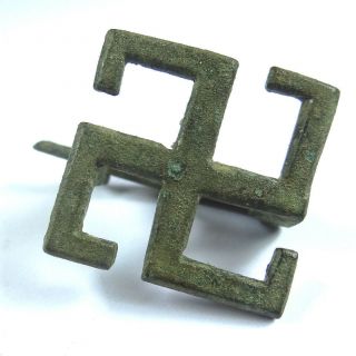 Roman Ancient Artifact Bronze Fibula With Swastika