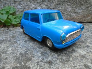 Vintage Telsalda Plastic Friction Austin Mini Hong Kong Toy Car,  Blue