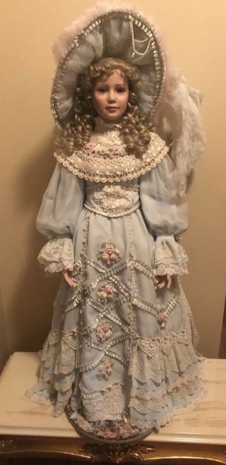 36 Inch Porcelain Victorian Vintage Doll Blue With Stand