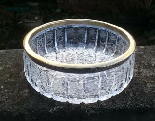 Large Antique Russian Cut Glass Crystal & Silver Gild Mount Rim Serving Bowl