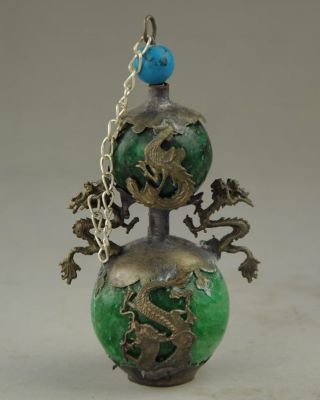 Collectible Miao Silver Jade Carving Dragon Phoenix Gourd Shape Snuff Bottle B01