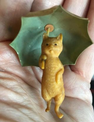 Vintage Antique Miniature Cat Holding Celluloid Umbrella