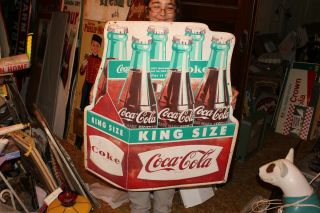 Rare Vintage C1960 Coca Cola Fishtail King Size Soda Pop 36 " Embossed Metal Sign