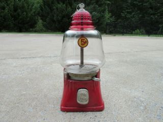 Antique Gumball Machine Red Hob Nail Glass Top Complete With 2 Keys.