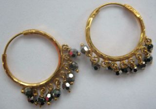 Vintage 22k Solid Yellow Gold Round Dangle Hammered Modernist Hoop Earrings 4gms
