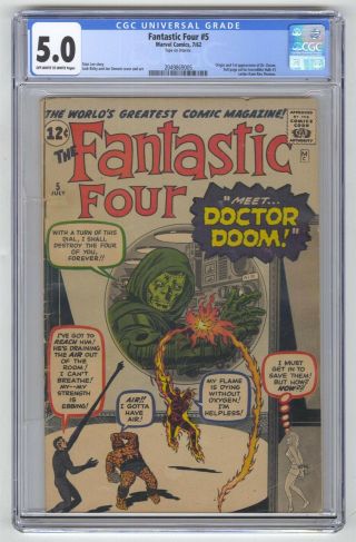 Fantastic Four 5 Cgc 5.  0 Vintage Marvel Comic Mega Key 1st Dr.  Doom Silver 12c