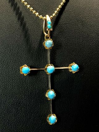 Antique Solid 14K Rose Gold Pendant Christian Cross with Persian Turquoise Stone 11