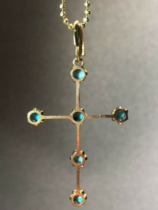 Antique Solid 14K Rose Gold Pendant Christian Cross with Persian Turquoise Stone 12