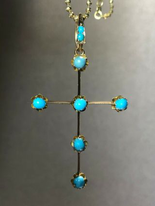 Antique Solid 14k Rose Gold Pendant Christian Cross With Persian Turquoise Stone