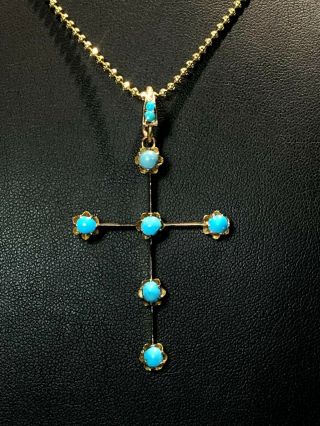 Antique Solid 14K Rose Gold Pendant Christian Cross with Persian Turquoise Stone 2