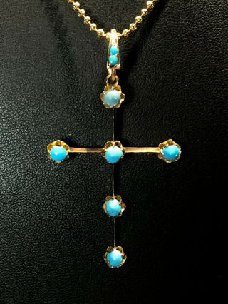 Antique Solid 14K Rose Gold Pendant Christian Cross with Persian Turquoise Stone 5