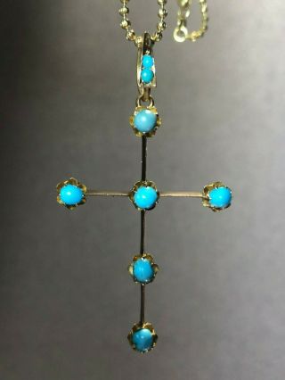 Antique Solid 14K Rose Gold Pendant Christian Cross with Persian Turquoise Stone 6
