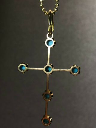 Antique Solid 14K Rose Gold Pendant Christian Cross with Persian Turquoise Stone 7