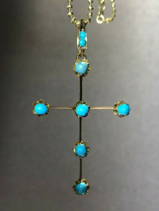 Antique Solid 14K Rose Gold Pendant Christian Cross with Persian Turquoise Stone 8