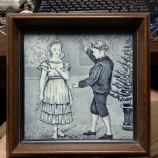 Antique Josiah Wedgwood Miistletoe Christmas Boy&girl Pottery Tile Plaque Framed
