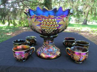 Northwood Grape & Cable Antique Carnival Glass Complete 8 Pc Punch Set Purple