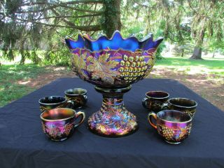 Northwood GRAPE & CABLE ANTIQUE CARNIVAL GLASS COMPLETE 8 PC PUNCH SET PURPLE 4
