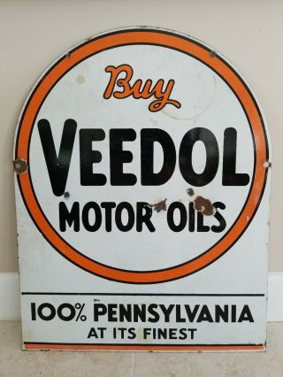 Antique Veedol Motor Oil 100 Pennsylvania Double Sided Porcelain Tombstone Sign