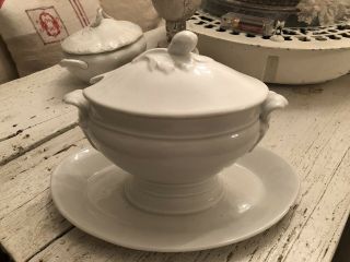 Antique Vintage White Ironstone Soup Tureen W/ Spill Plate & Finial