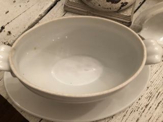 ANTIQUE VINTAGE WHITE IRONSTONE SOUP TUREEN W/ SPILL PLATE & FINIAL 5